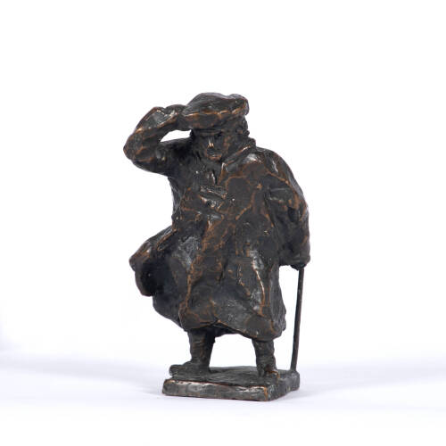 Small bronze sculpture of a windblown figure with raised right hand to head.